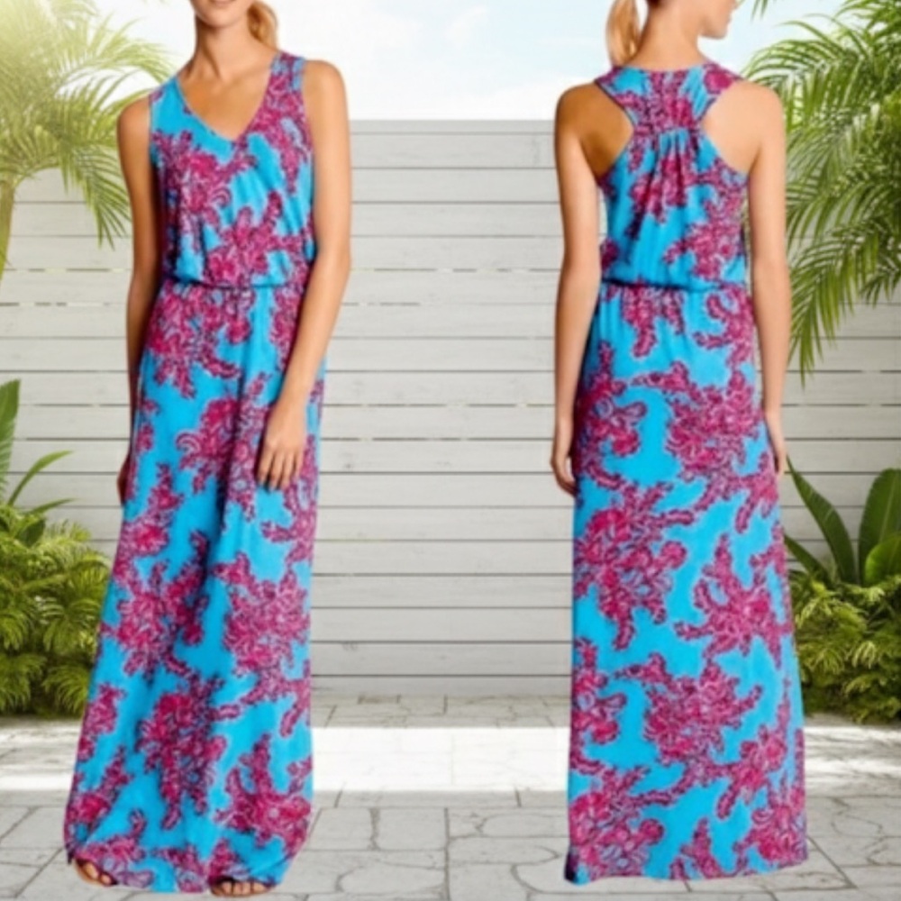 🌴Lilly Pulitzer Mills Rhode Island Reef Sleeveless Blue and Pink Maxi Dress